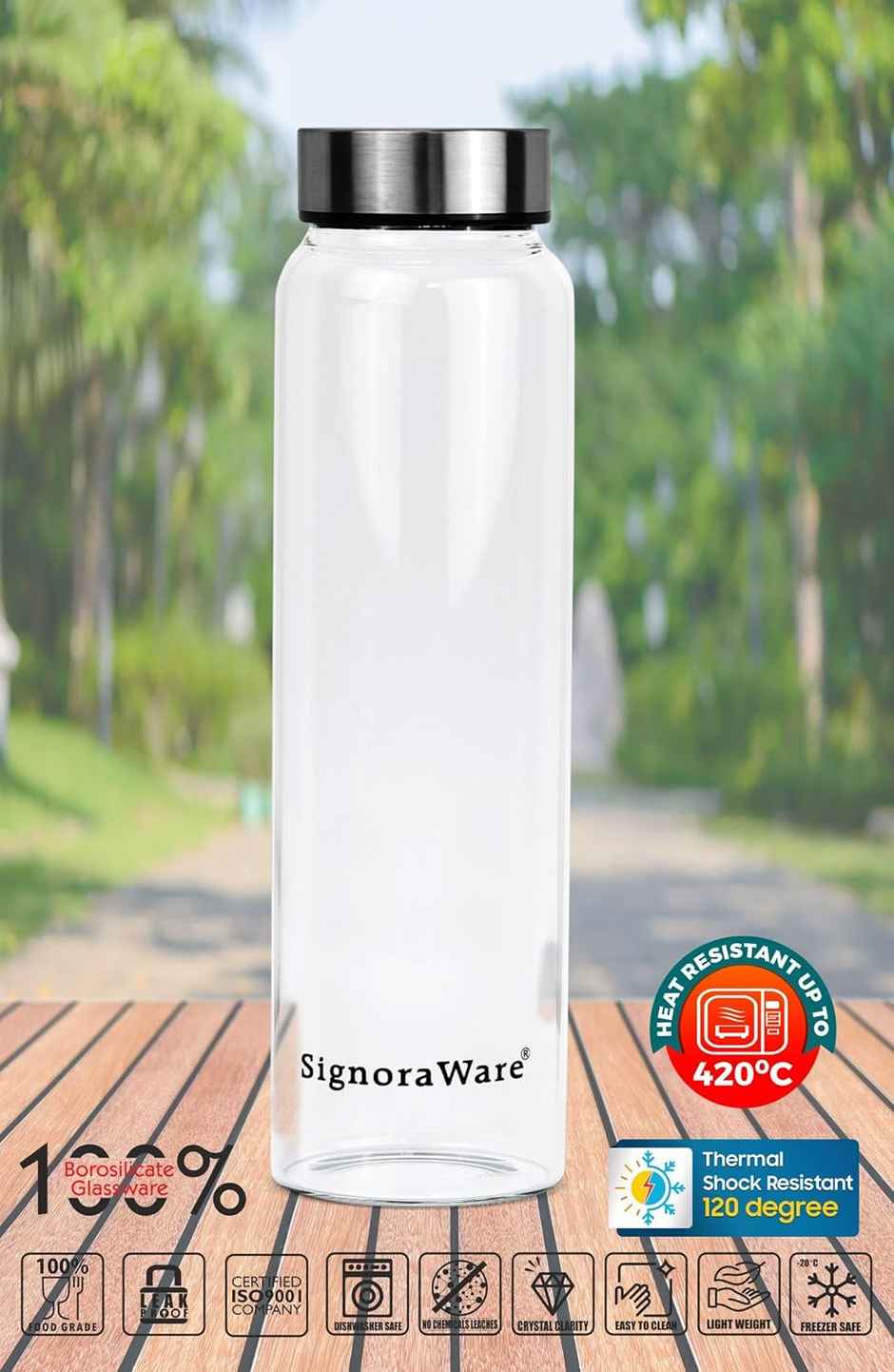 Signoraware Element Glass Water Bottle | 1 L Capacity | Transparent