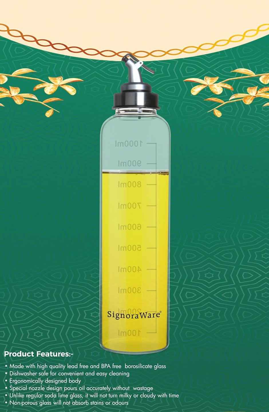 Signoraware Borosilicate Glass Oil Dispenser | 1000 ml | Clear | Oil Bottle, Oil Pourer