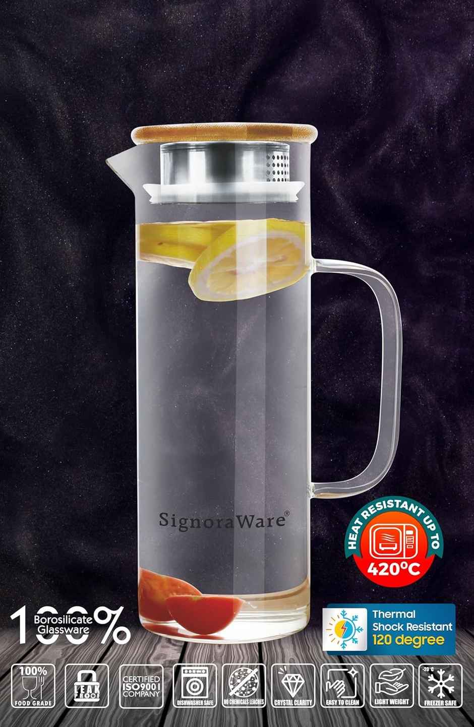 SignoraWare Saffron Borosilicate Glass Jug With Bamboo Lid 1000Ml, 1460Clear