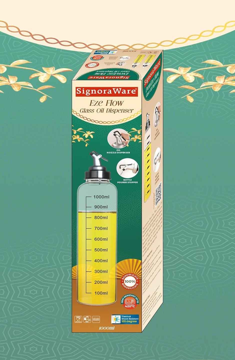 Signoraware Borosilicate Glass Oil Dispenser | 1000 ml | Clear | Oil Bottle, Oil Pourer