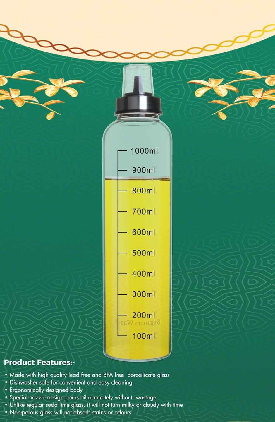 SignoraWare Even Flow Borosilicate Glass Oil Dispenser, 1000Ml, 1454Clear