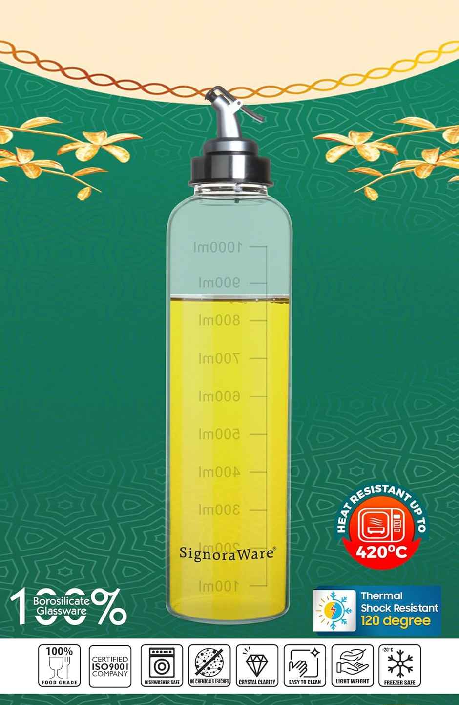 Signoraware Borosilicate Glass Oil Dispenser | 1000 ml | Clear | Oil Bottle, Oil Pourer
