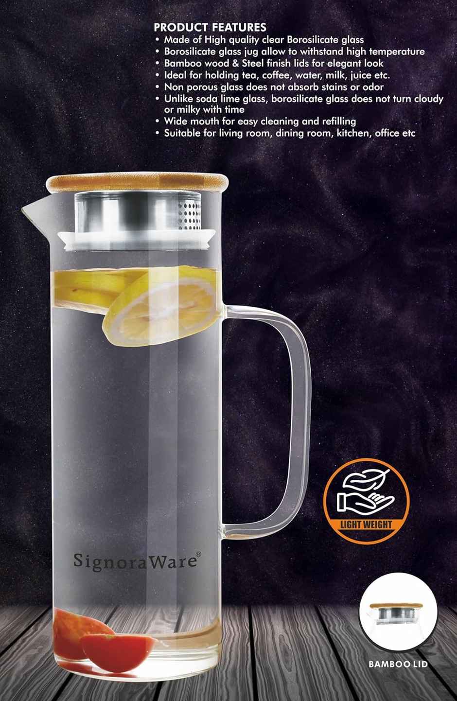 SignoraWare Saffron Borosilicate Glass Jug With Bamboo Lid 1000Ml, 1460Clear