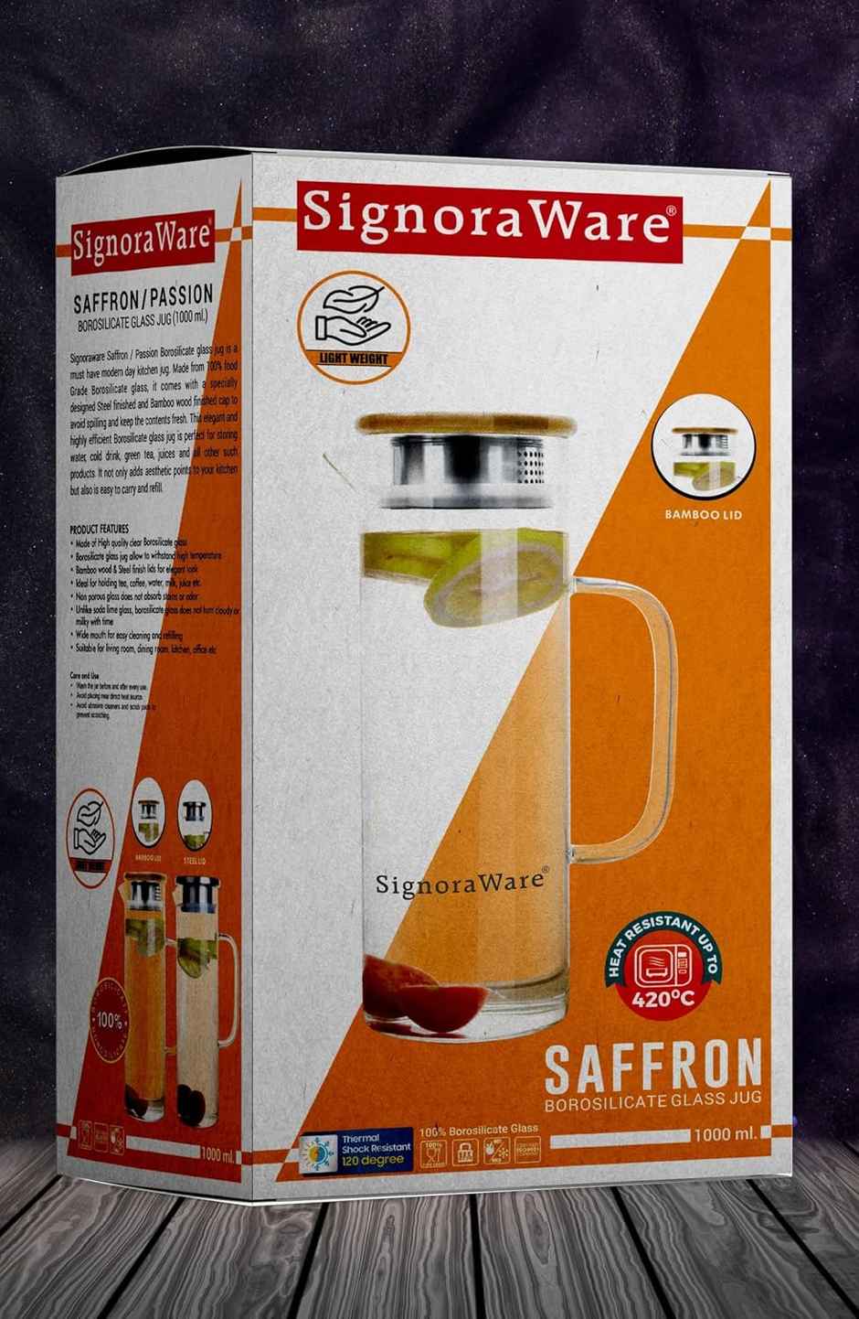 SignoraWare Saffron Borosilicate Glass Jug With Bamboo Lid 1000Ml, 1460Clear
