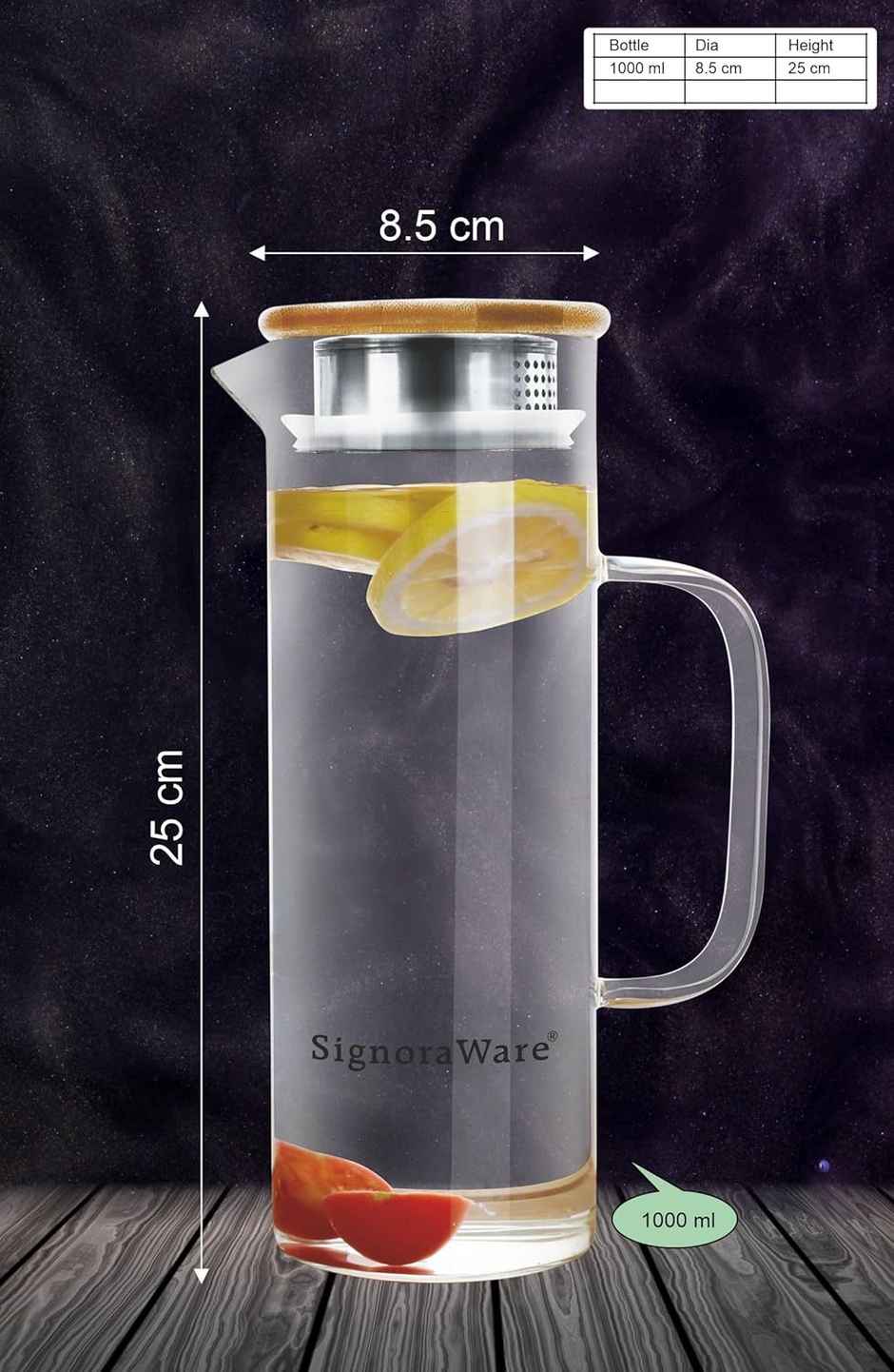 SignoraWare Saffron Borosilicate Glass Jug With Bamboo Lid 1000Ml, 1460Clear