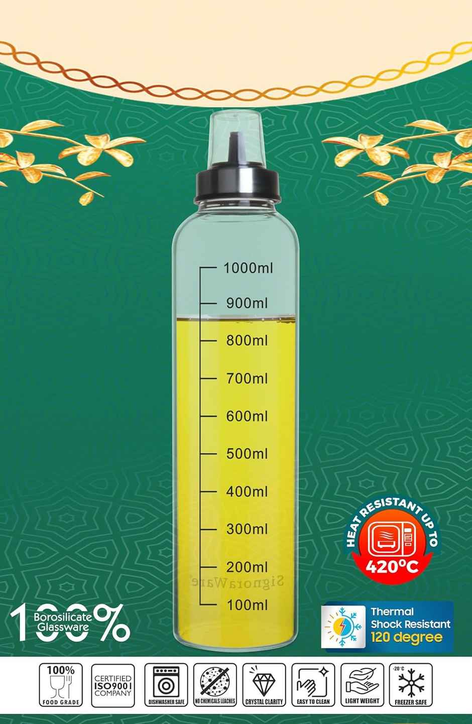 SignoraWare Even Flow Borosilicate Glass Oil Dispenser, 1000Ml, 1454Clear