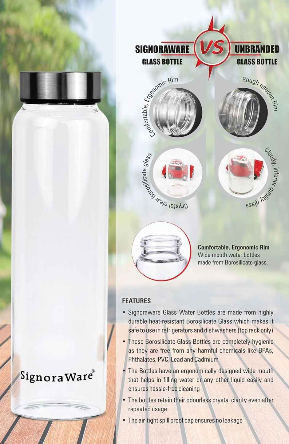 Signoraware Element Glass Water Bottle | 1 L Capacity | Transparent