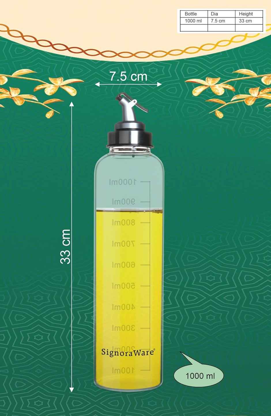 Signoraware Borosilicate Glass Oil Dispenser | 1000 ml | Clear | Oil Bottle, Oil Pourer