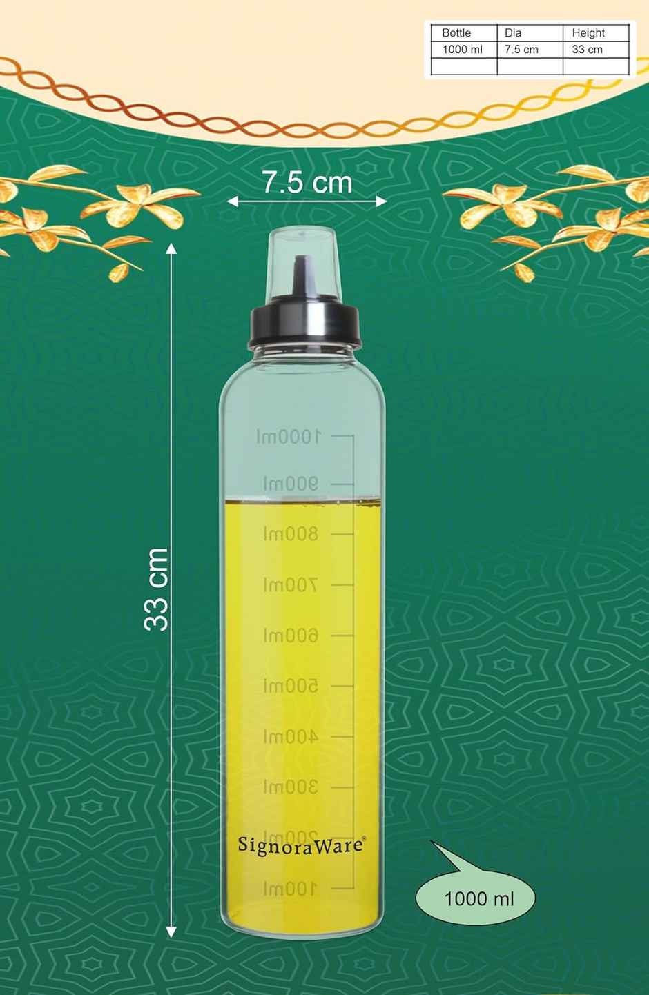 SignoraWare Even Flow Borosilicate Glass Oil Dispenser, 1000Ml, 1454Clear