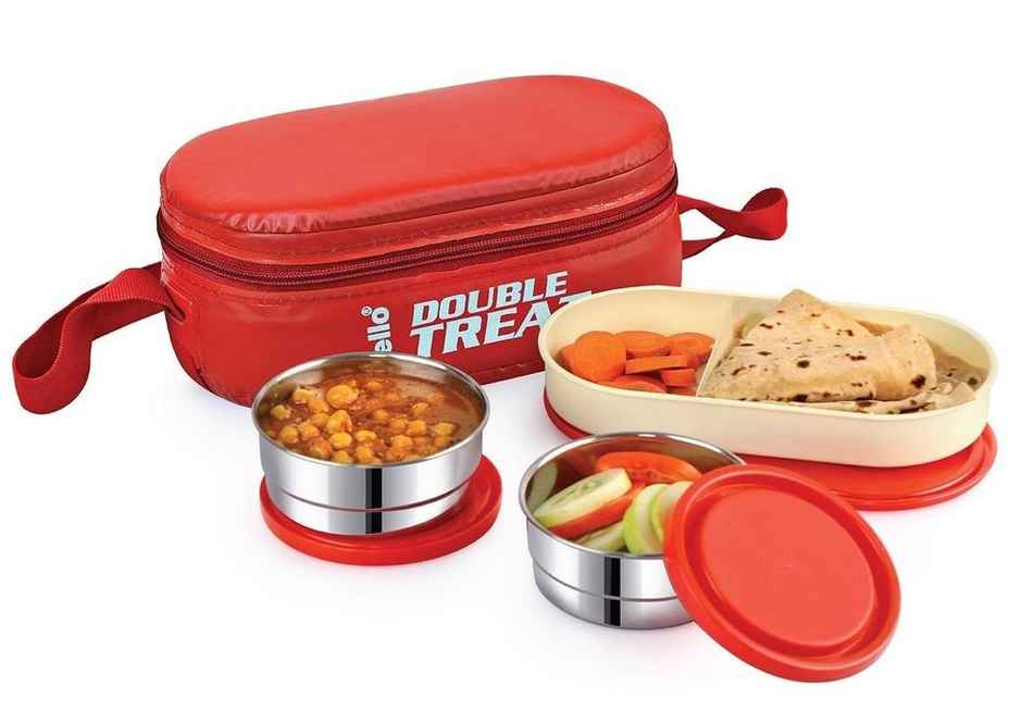 Cello Double Treat Lunch Box with Jacket (2 Unit Container - 300 ml, 1 Unit Oval Container) | Red