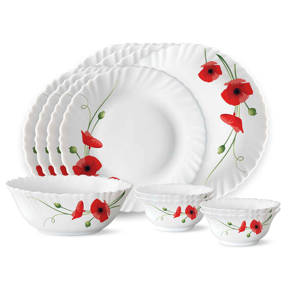 Larah By Borosil Red Carnation 13Pc Dinner Set Opalware Crockery For Dining & Gifting - White