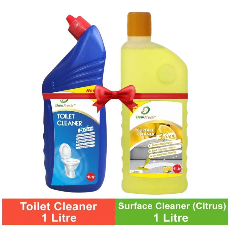 Dew Fresh Toilet Cleaner 1L + Citrus Surface & Floor Cleaner 1L (Combo Pack)(2l) & Gebi Sparkle Plus A Star Double Hockey Toilet Brush (Assorted)(1pc) Combo