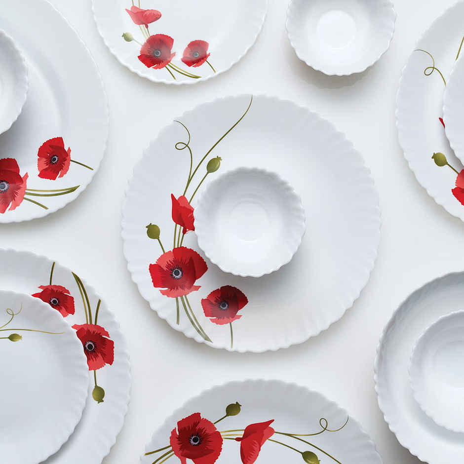 Larah By Borosil Red Carnation 13Pc Dinner Set Opalware Crockery For Dining & Gifting - White