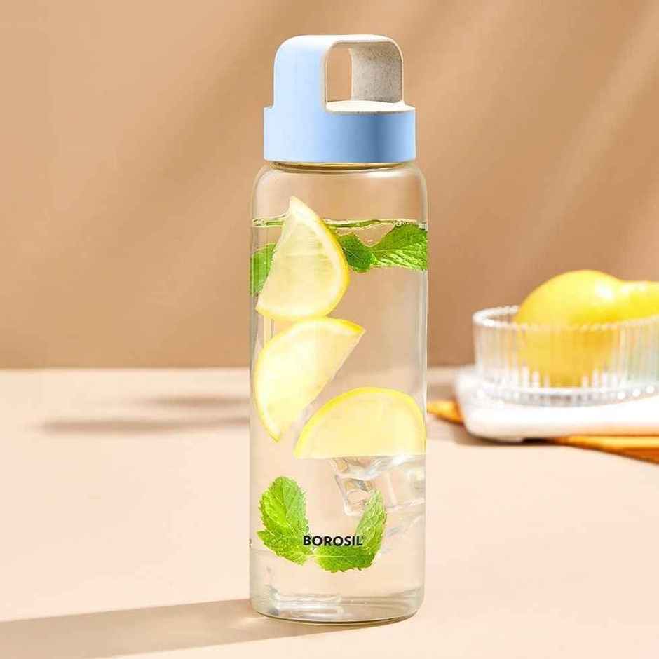 Borosil Borosilicate Glass Crysto Water Bottle With Blue Lid | Blue and Clear | 750 ml