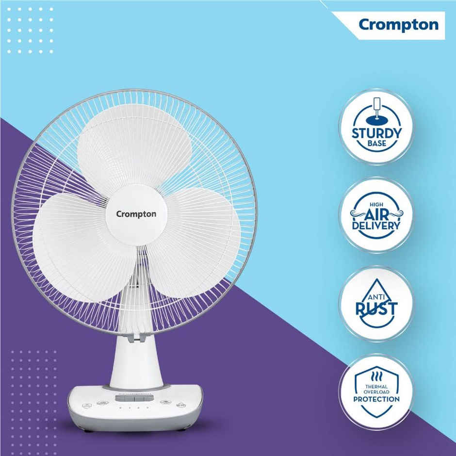 Crompton Wave Star Table Fan, 400mm, High Speed, High Air Delivery, Smooth Oscillation, Cool Grey