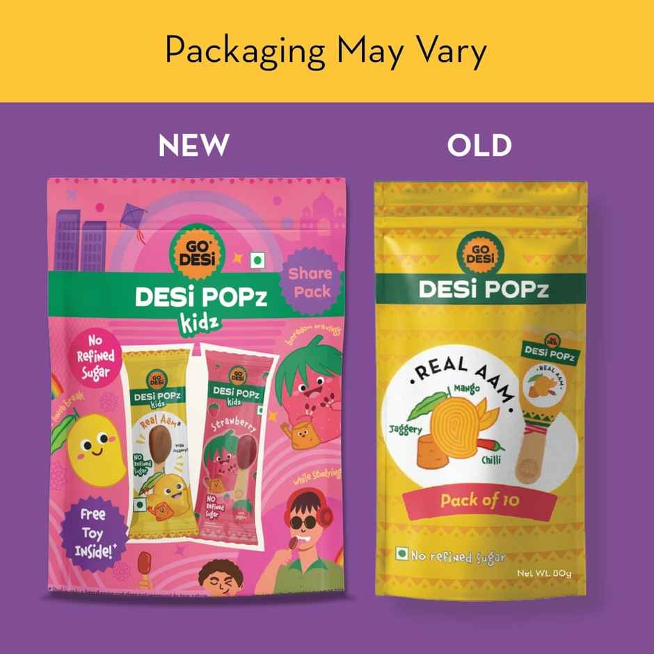 Real Aam (Mango) And Strawberry Desi Popz | No Refined Sugar | Lollipop Candy By Go Desi (8pc) & Tangy Imli (Tamarind) 10 Pcs Sour Candy | No Refined Sugar | Lollipop By Go Desi (10pc) Combo