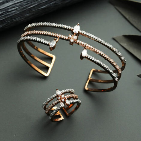 Priyaasi Statement Design American Diamond Rose Gold Plated Bracelet With Ring