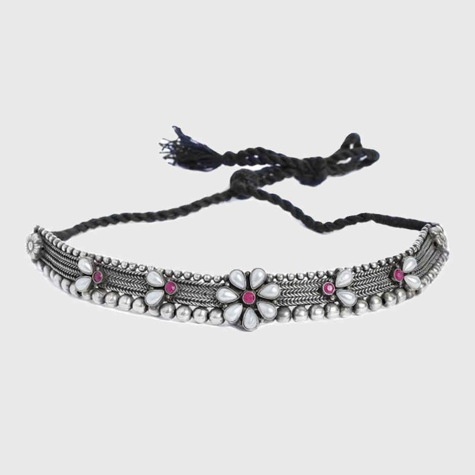 Rubans Oxidised Silver Plated Floral Design Pink Stone Studded Antique Choker Necklace