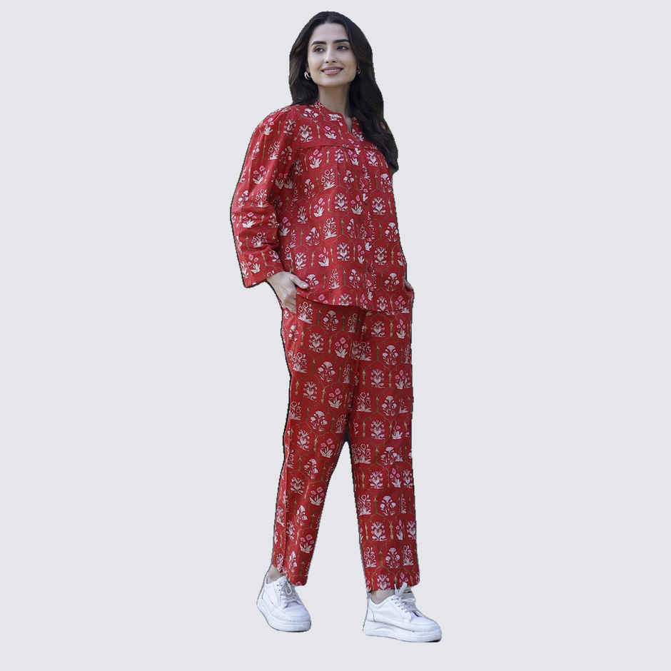 Sanskrutihomes Floral Printed Pure Cotton Co-Ords Set | Red - L