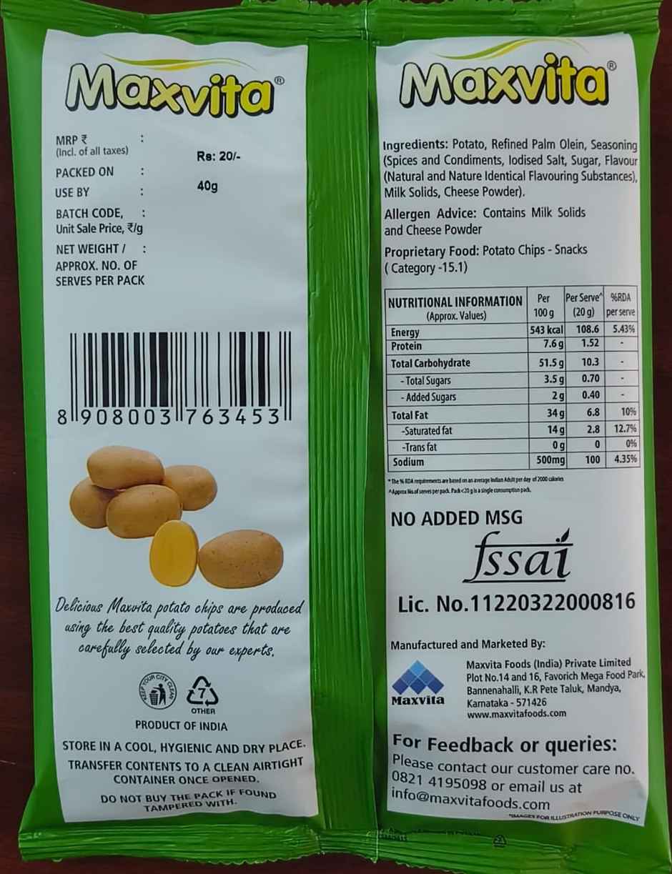 Maxvita Potato Chips Family Packs Indian Style Cream & Onion