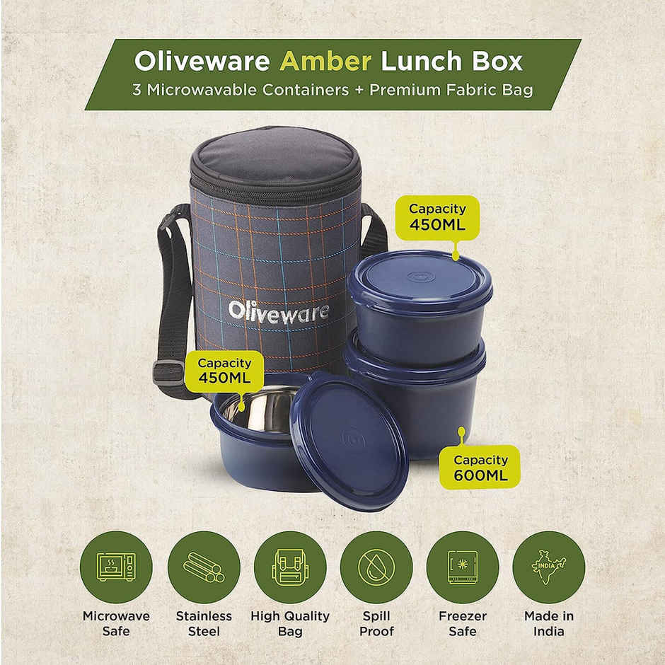 Oliveware Amber Lunch Box (LB111) | 3 Pieces (2 x 50 ml + 1 x 100 ml) - Blue