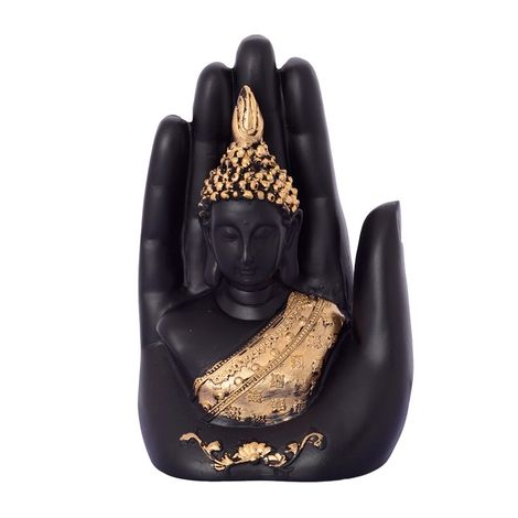 eCraftIndia Elegant Black and Golden Resin Handcrafted Palm Buddha Statue