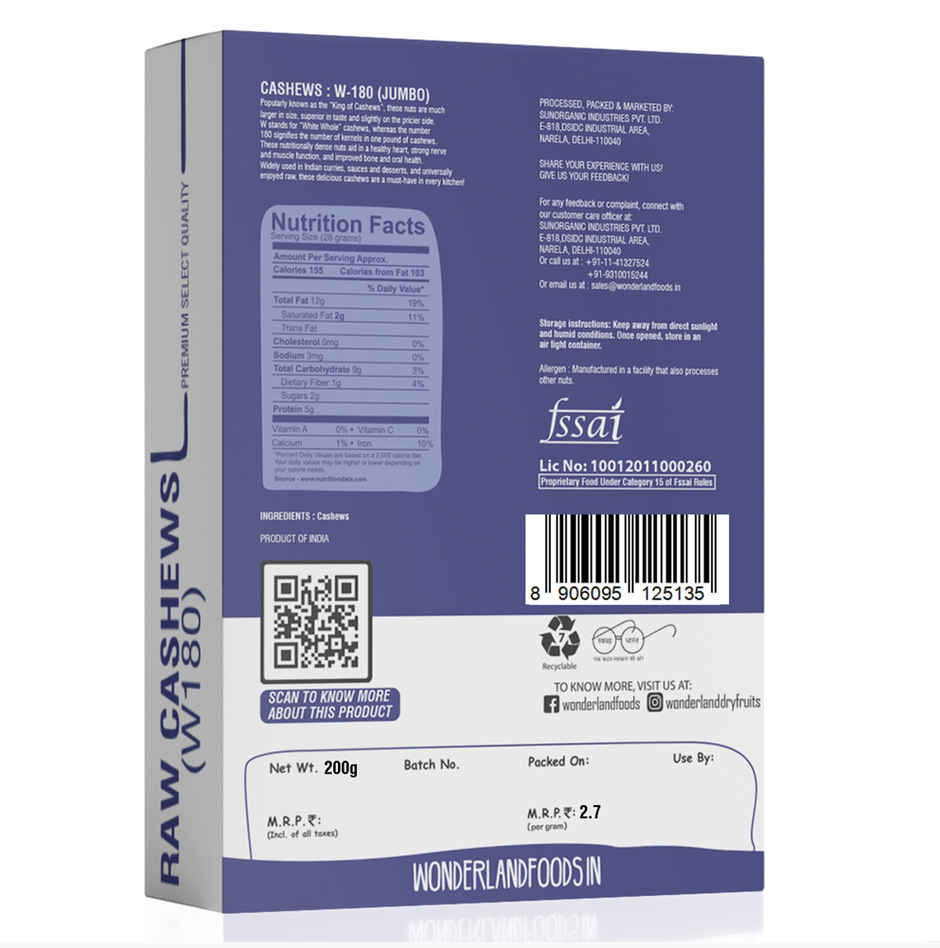 Wonderland Foods Raw Cashew (W180)