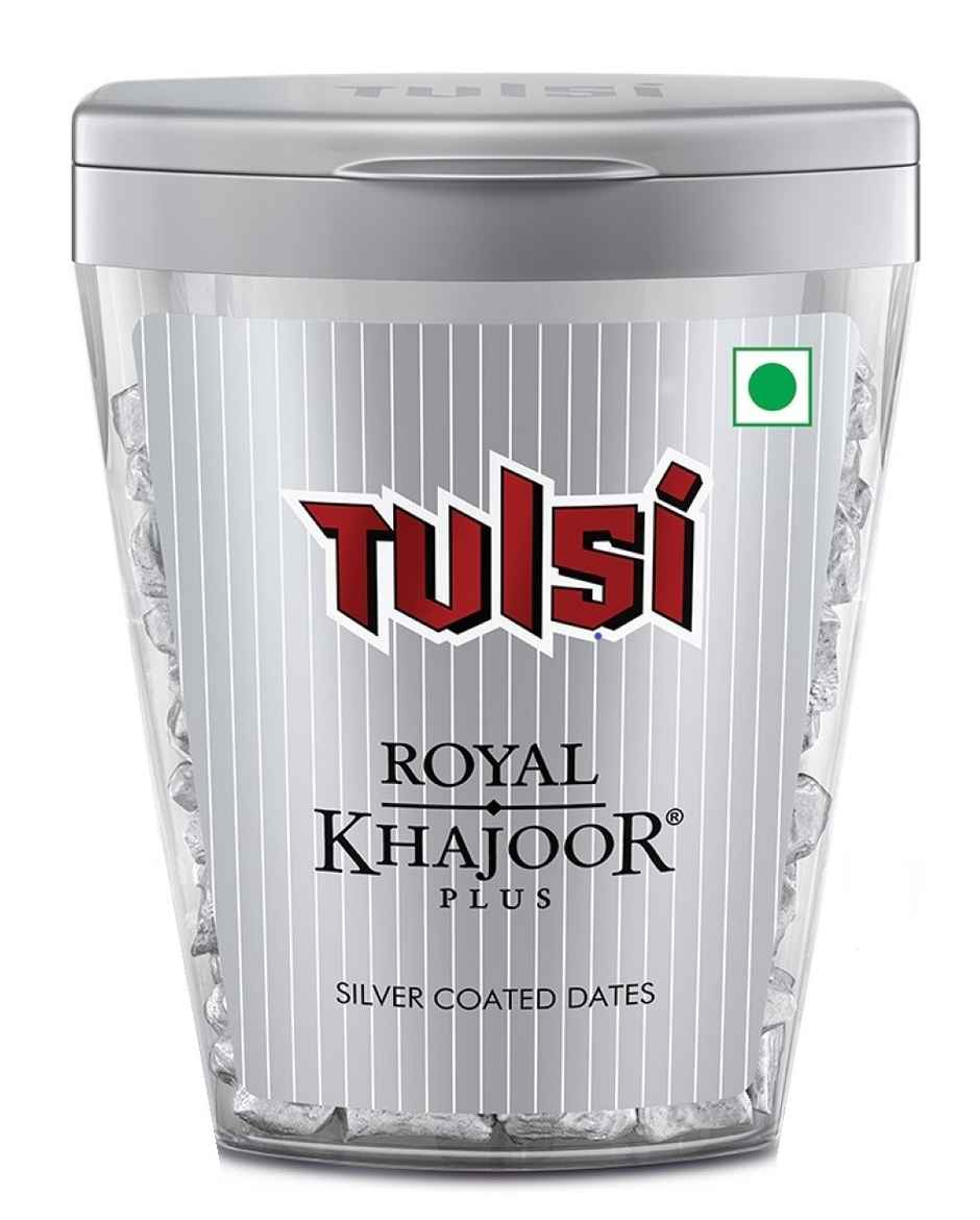 Tulsi Royal Khajoor Plus Flip Top Can Silver Coated Khajoor Dates, Mint Mouthfreshner