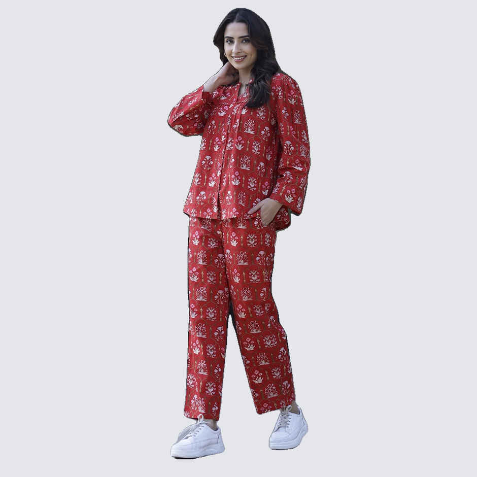 Sanskrutihomes Floral Printed Pure Cotton Co-Ords Set | Red - L