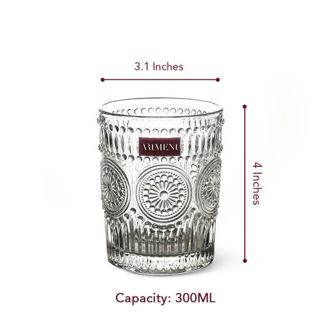 The Artment Modern Art Vintage Embossed Whisky, Juice, Water Glasses Set Of 4 (300 ML)