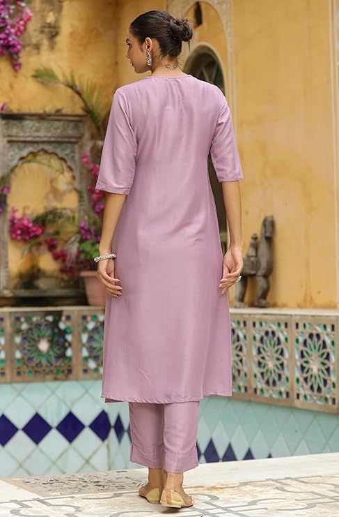 Janasya Women's Lavender Silk Blend Solid Wrap Kurta Set | 2XL