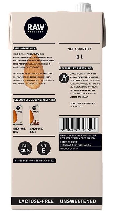 Raw Pressery Almond Milk -Unsweetend Tetrapack 1 l Combo