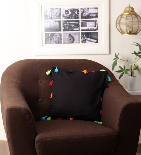 Lushomes Boho Cushion Cover, 18 x 18 inch, Black, with Tassels & Pom Pom