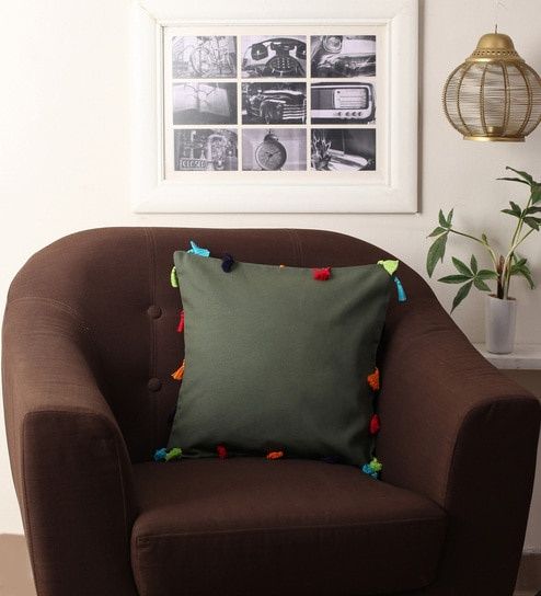 Lushomes Cushion Cover - Olive Green | 14 x 14 inch | Pom Pom