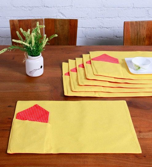 Lushomes Table Mats and Napkins - Yellow and Red | Placemats 13 x 19 inch | Napkins 16 x 16 inch
