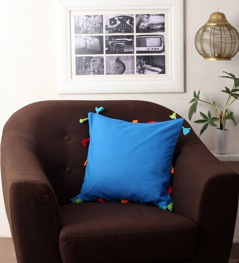 Lushomes Cushion Cover - Blue | 12 x 12 inch | Tassels