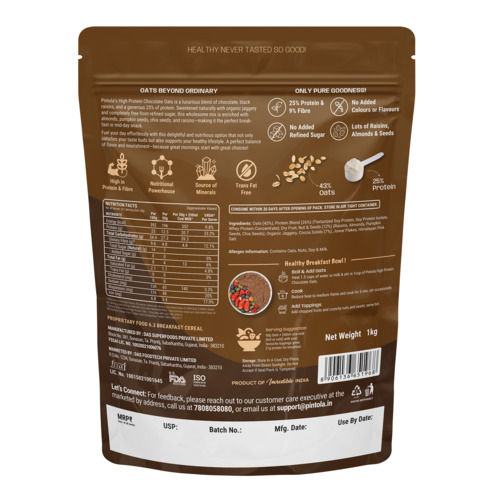 Pintola High Protein Oats Dark Chocolate With Almonds Raisin Pumpkin And Chia Seeds