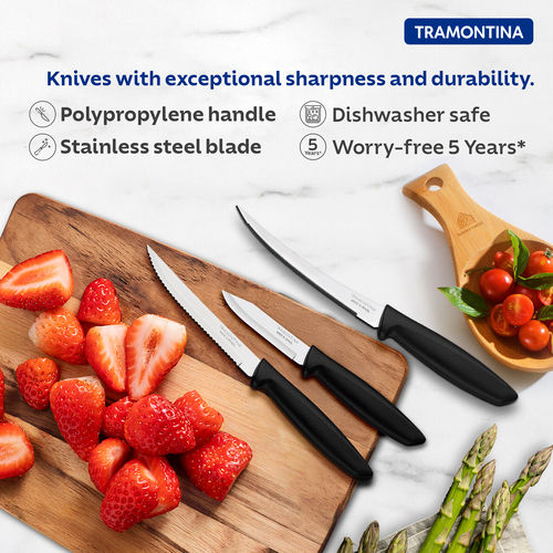 Tramontina Plenus 3 Pc Knife Set for Kitchen Use, Set of Vegetable/Tomato/Fruit, Kitchen Knife Set with Polypropylene Handle, Dishwasher Safe, Made in Brazil