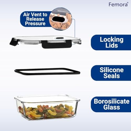 Femora Borosilicate Glass Microwave Safe Rectangle Container With Break Free Lid | 400 ml
