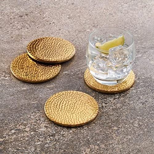 Bar Box Gold Plating Hammered Design Coasters With Velvet Base For Drinks (Set Of 4)