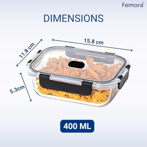 Femora Borosilicate Glass Microwave Safe Rectangle Container With Break Free Lid | 400 ml