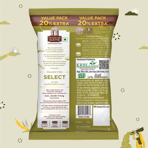India Gate Flavourful and Fine Select Basmati Rice 1 Kg with Free 200g | Long and Slender Grains