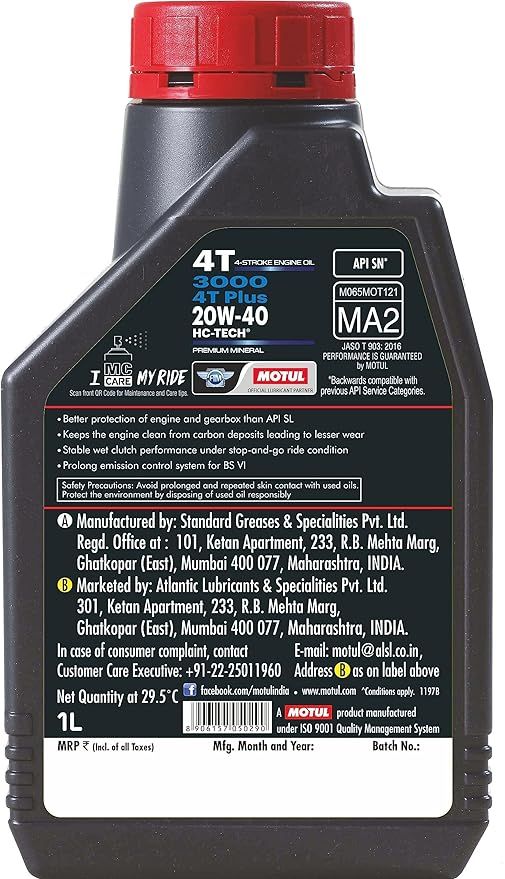 Motul 3000 4T Plus 20W40 API SN HC Tech Engine Oil for Bikes | 1L