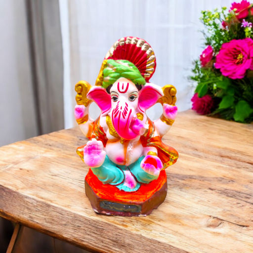 Svasti Eco Friendly Clay Pagdi Ganesh Idol | Multicolour - 6 Inch