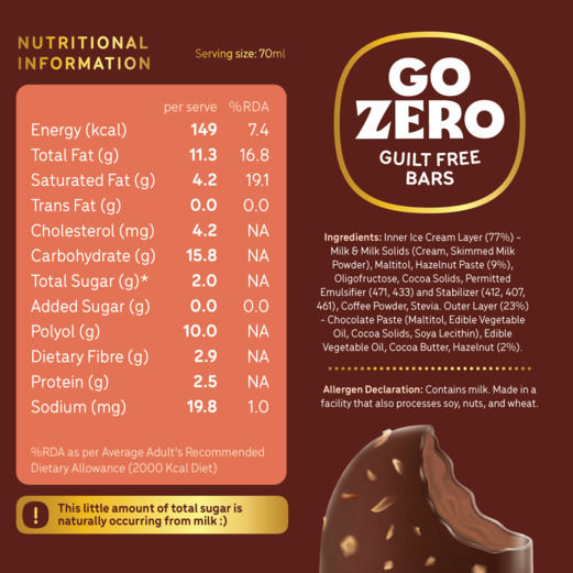 Go Zero Hazelnut Chocolate Low Calorie Guilt Free Ice Cream Bar