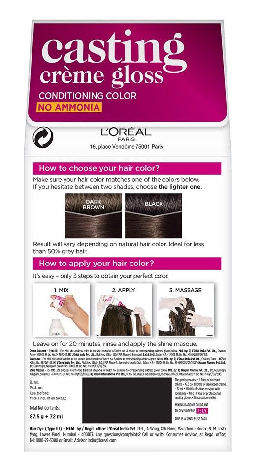 L'Oreal Paris Casting Creme Gloss Hair Color, 87.5 g + 72 ml 300 Darkest Brown