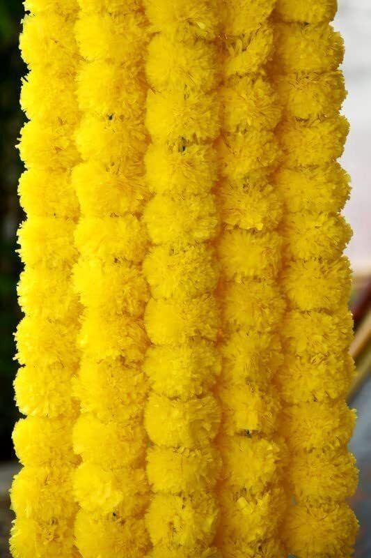 Artificial Marigold Fluffy Flowers Garlands For Decoration - Pack Of 5 Strings (Yellow)- 4.6Ft
