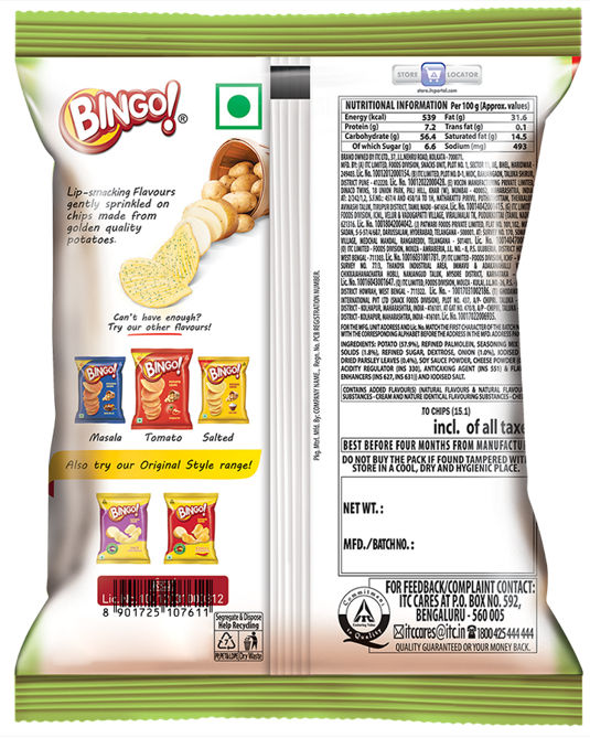Bingo! Potato Chips - Cream & Onion Chips - Crispy & Crunchy Chips Pack for Snacks