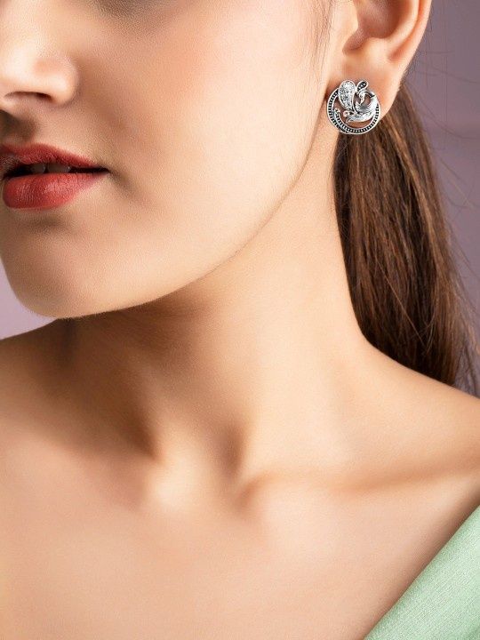 Rubans Silver-Plated American Diamond Studded Peacock Shaped Studs Earrings