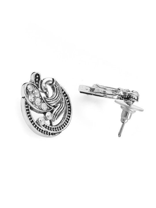 Rubans Silver-Plated American Diamond Studded Peacock Shaped Studs Earrings